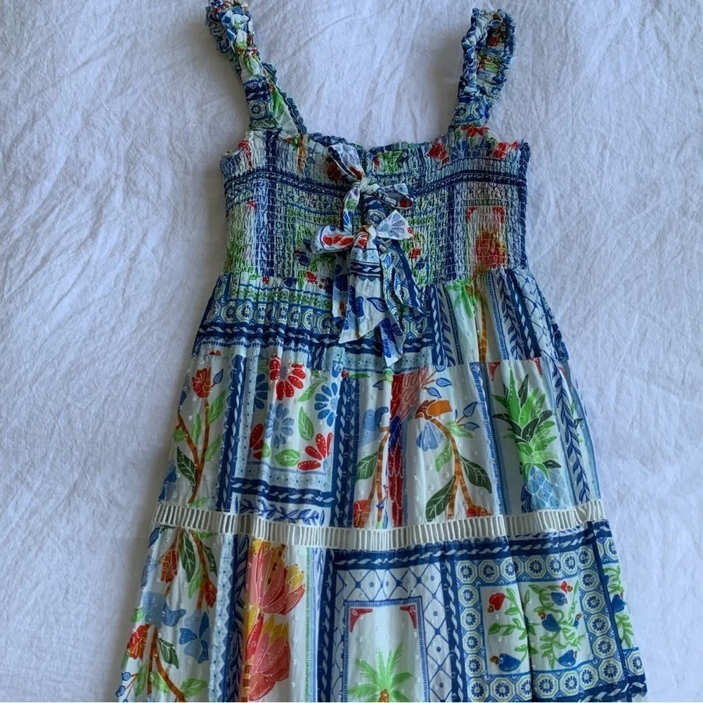Farm Rio Tropical Tiles Cotton Square Neck Smocked Tiered A Line Maxi Dress - Picture 8 of 12